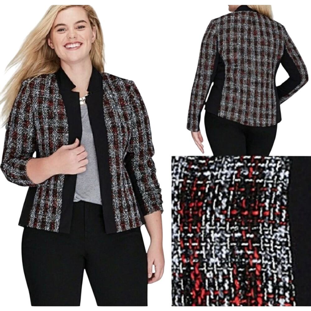 Lane Bryant Womens Blazer Size 14 Red, Metallic Black, Gray Boucle Lined Jacket